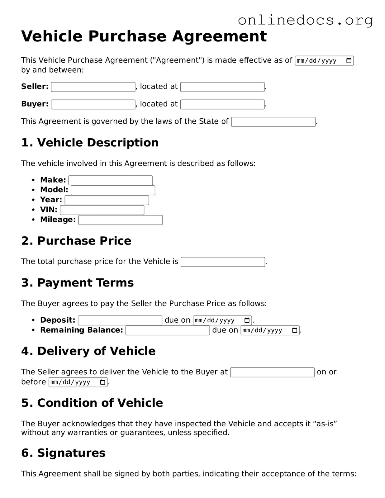Printable Vehicle Purchase Agreement Form