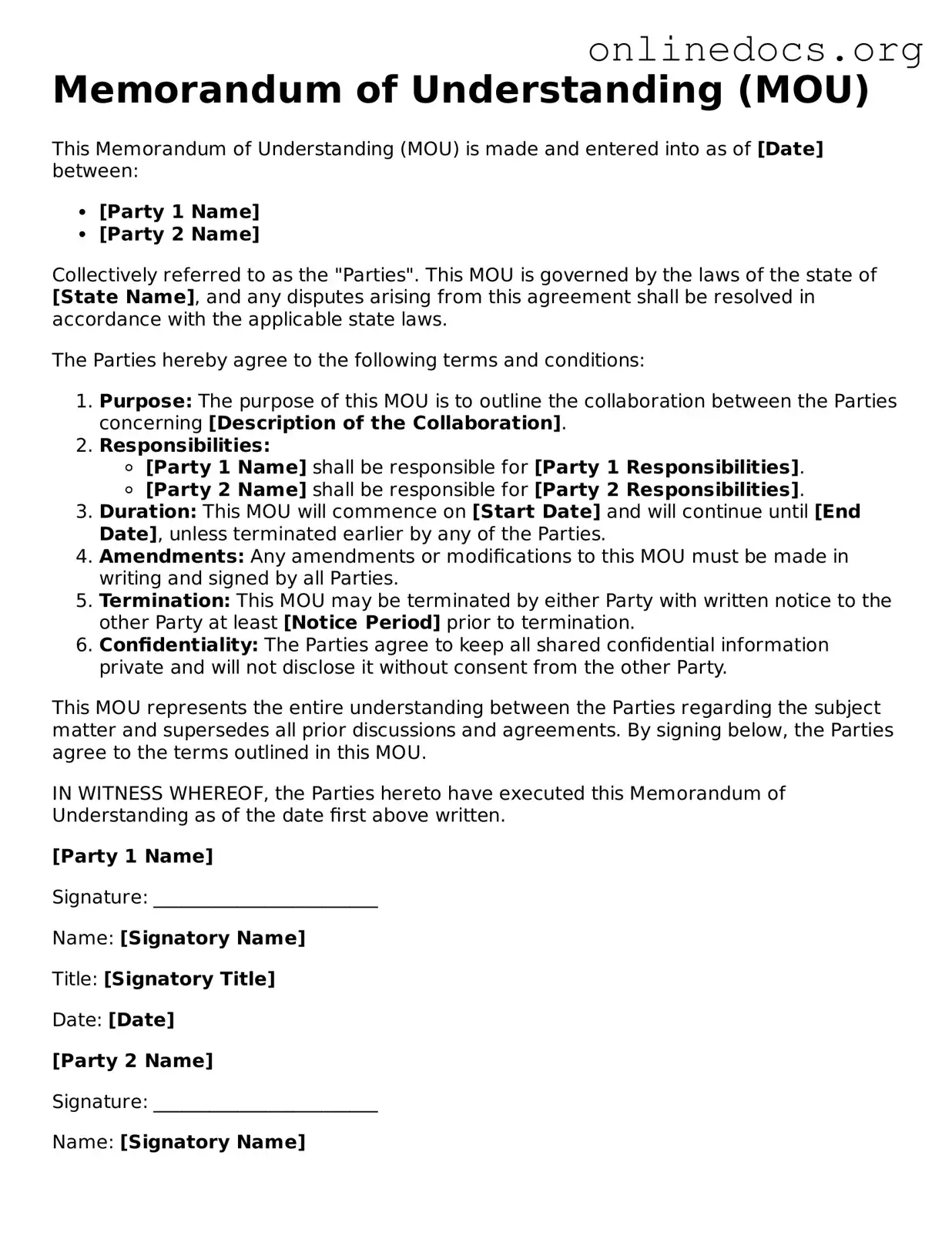 Printable Memorandum of Understanding Form