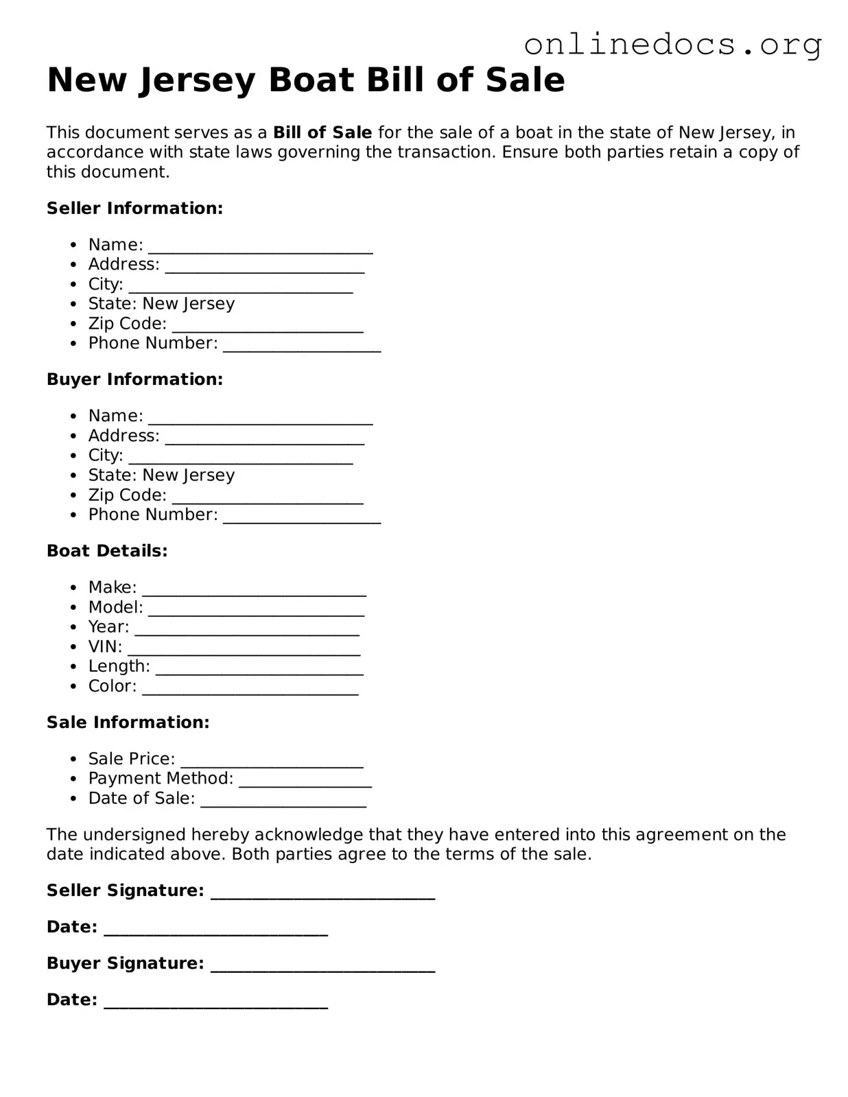 Fillable  Boat Bill of Sale Form for New Jersey