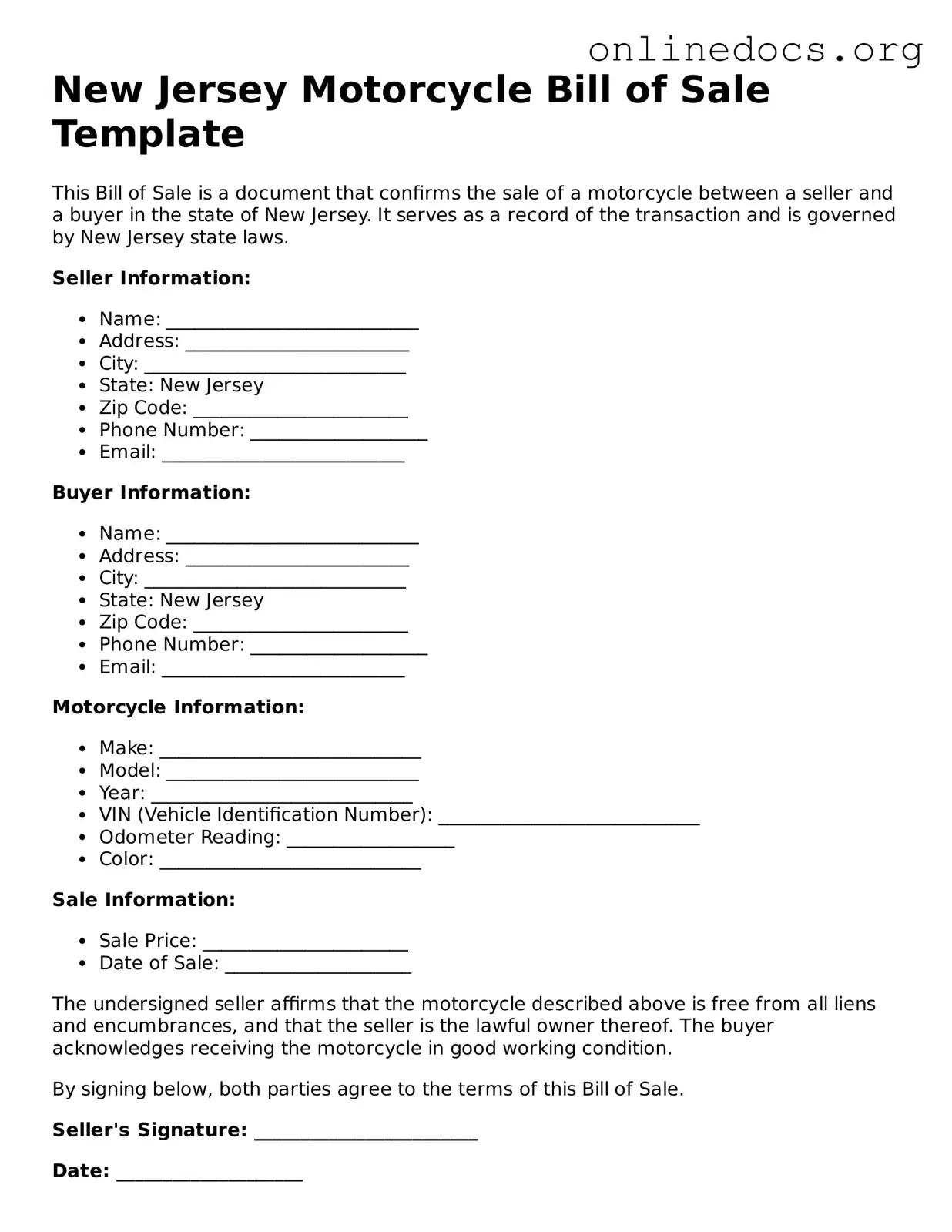 Fillable  Motorcycle Bill of Sale Form for New Jersey