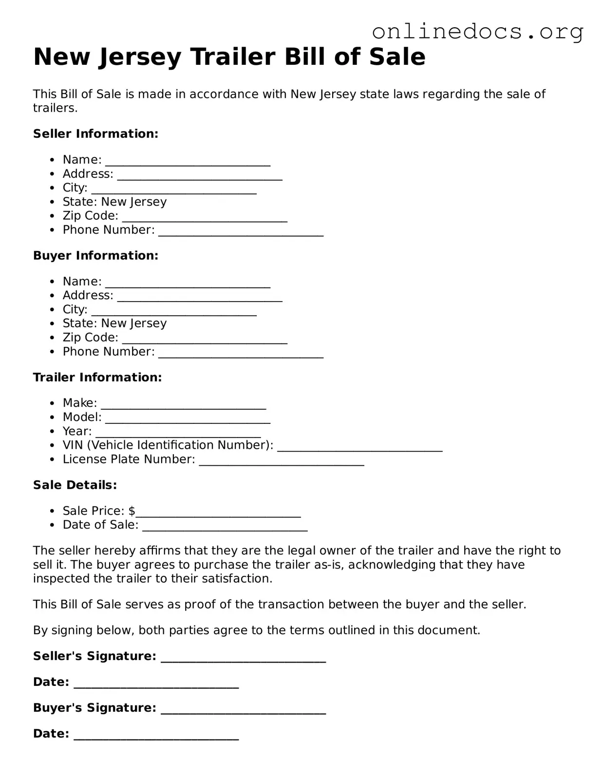 Fillable  Trailer Bill of Sale Form for New Jersey