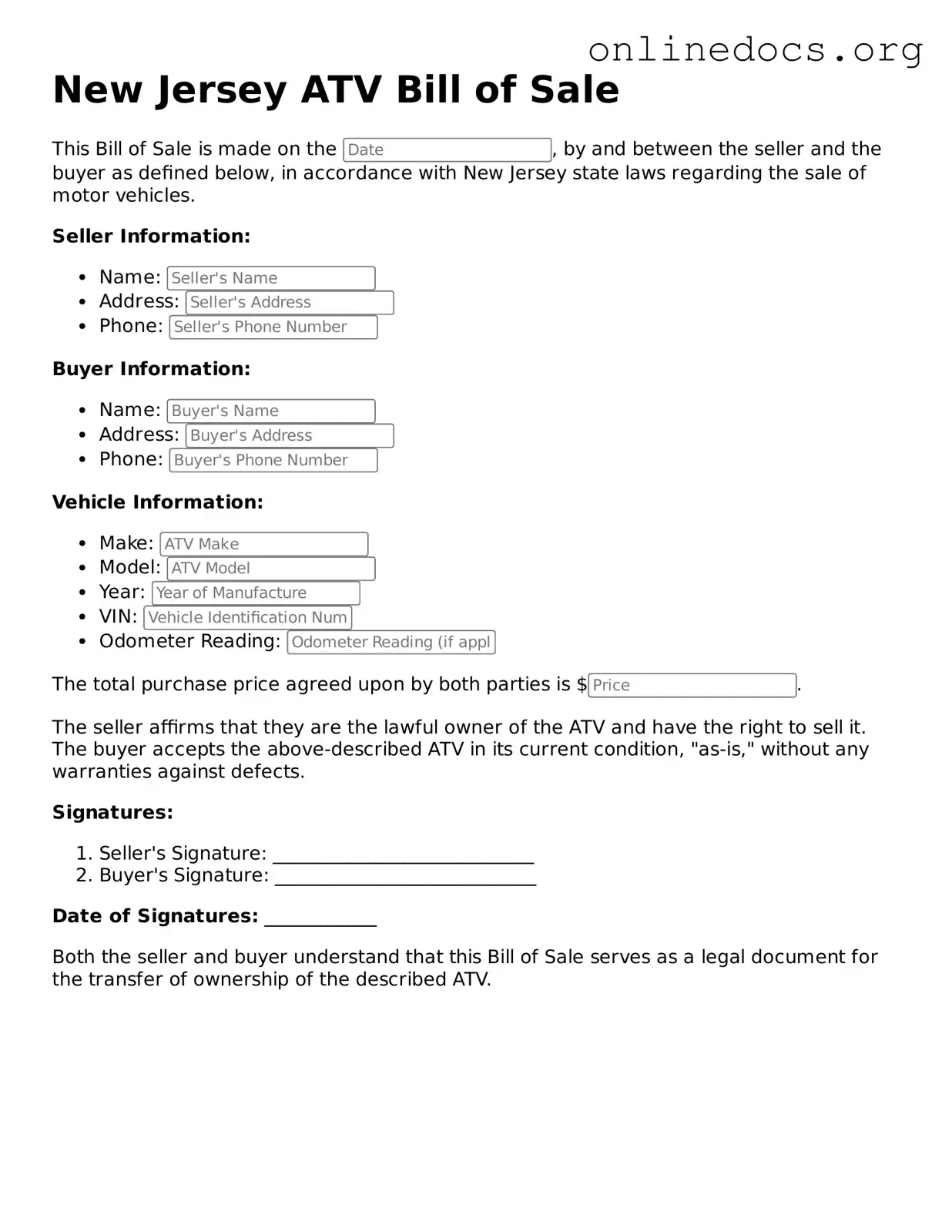 Fillable  ATV Bill of Sale Form for New Jersey