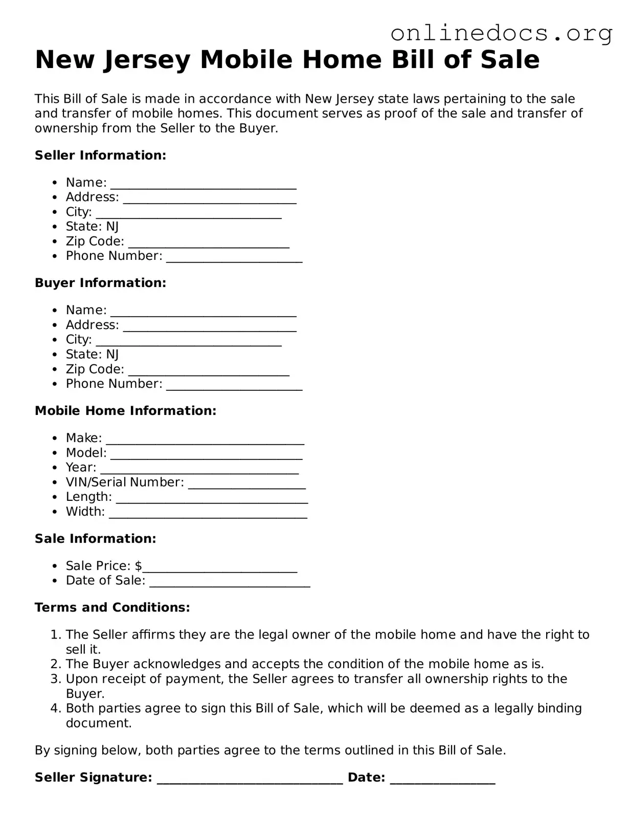 Fillable  Mobile Home Bill of Sale Form for New Jersey