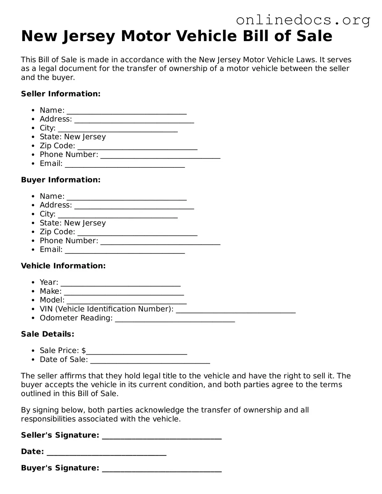Fillable  Motor Vehicle Bill of Sale Form for New Jersey