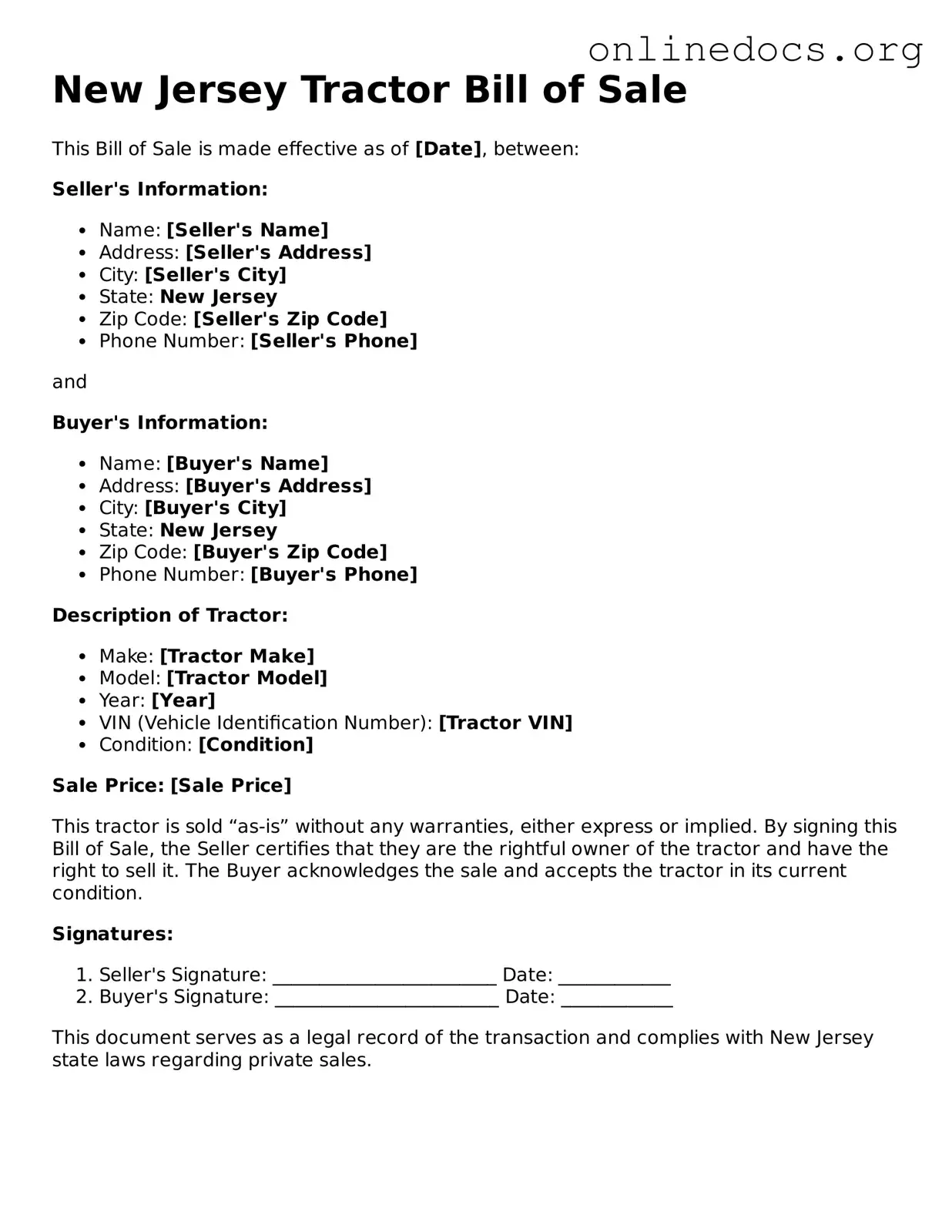 Fillable  Tractor Bill of Sale Form for New Jersey
