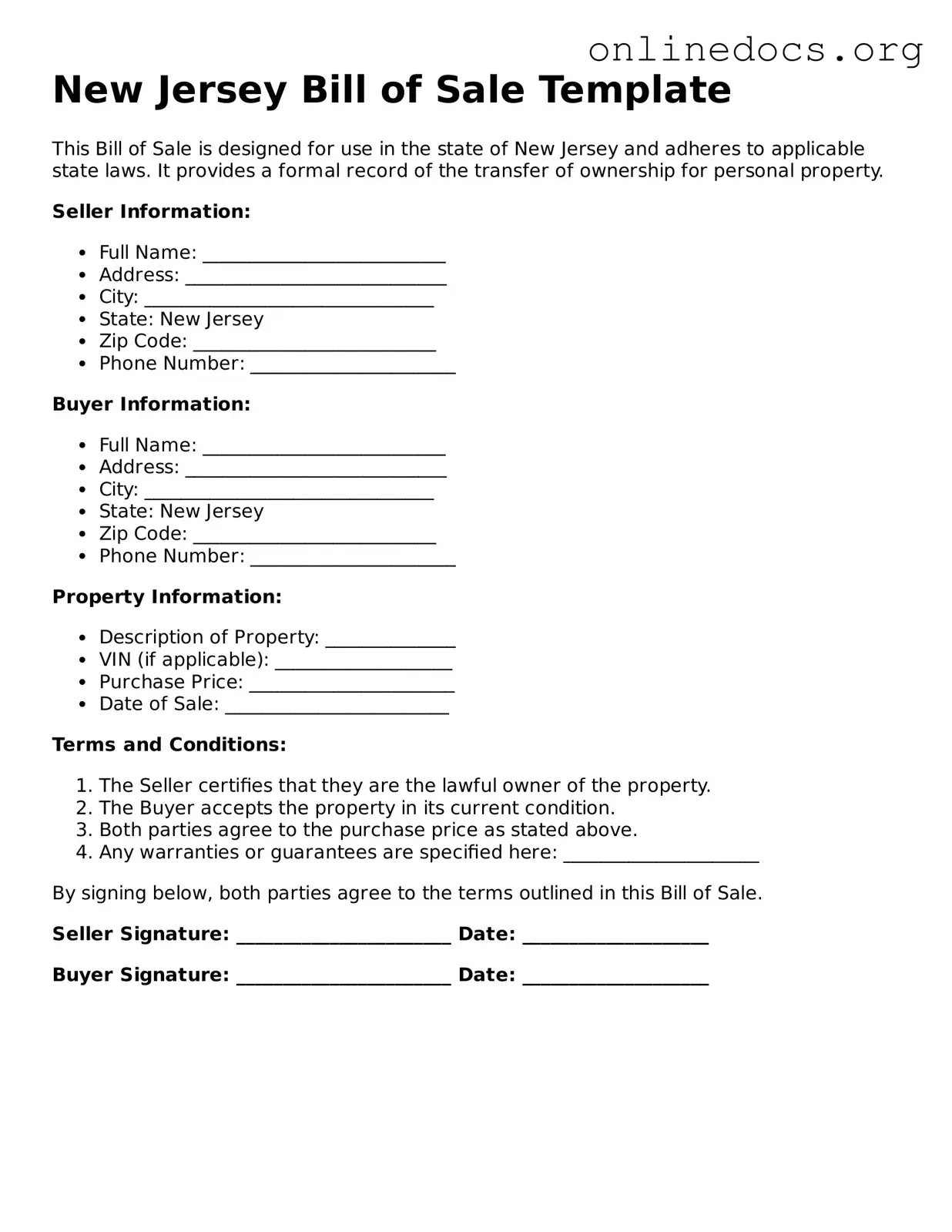 Fillable  Bill of Sale Form for New Jersey