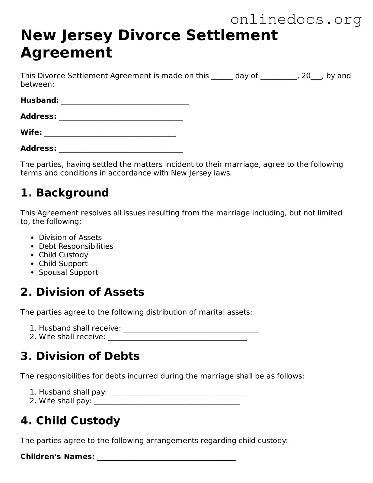 Fillable  Divorce Settlement Agreement Form for New Jersey