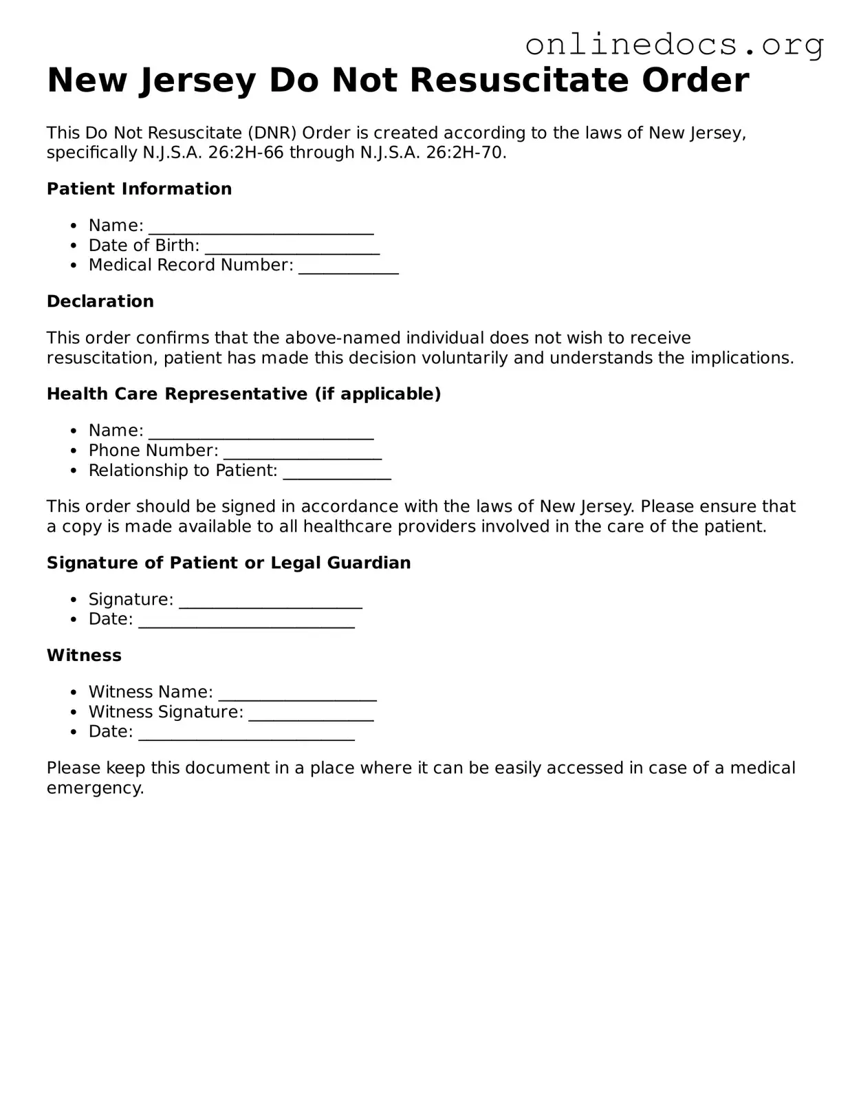 Fillable  Do Not Resuscitate Order Form for New Jersey