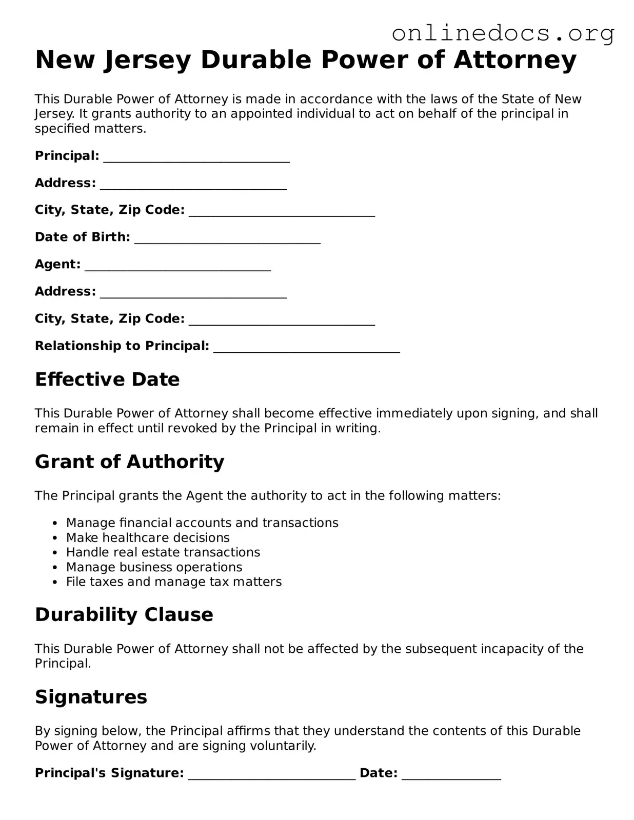 Fillable  Durable Power of Attorney Form for New Jersey