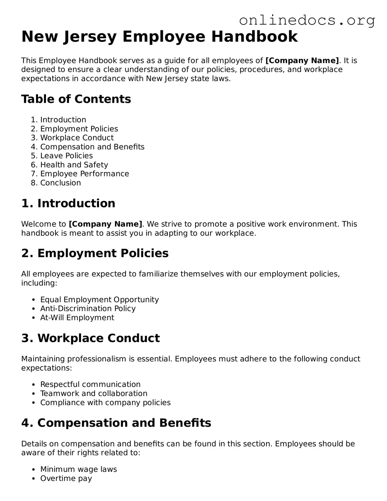 Fillable  Employee Handbook Form for New Jersey