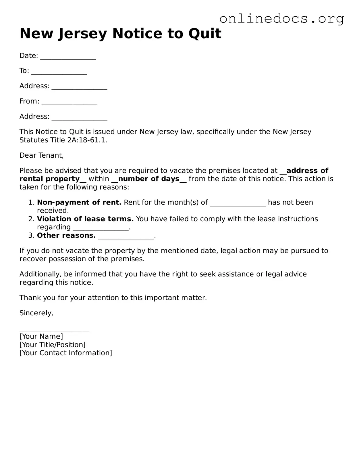 Fillable  Notice to Quit Form for New Jersey