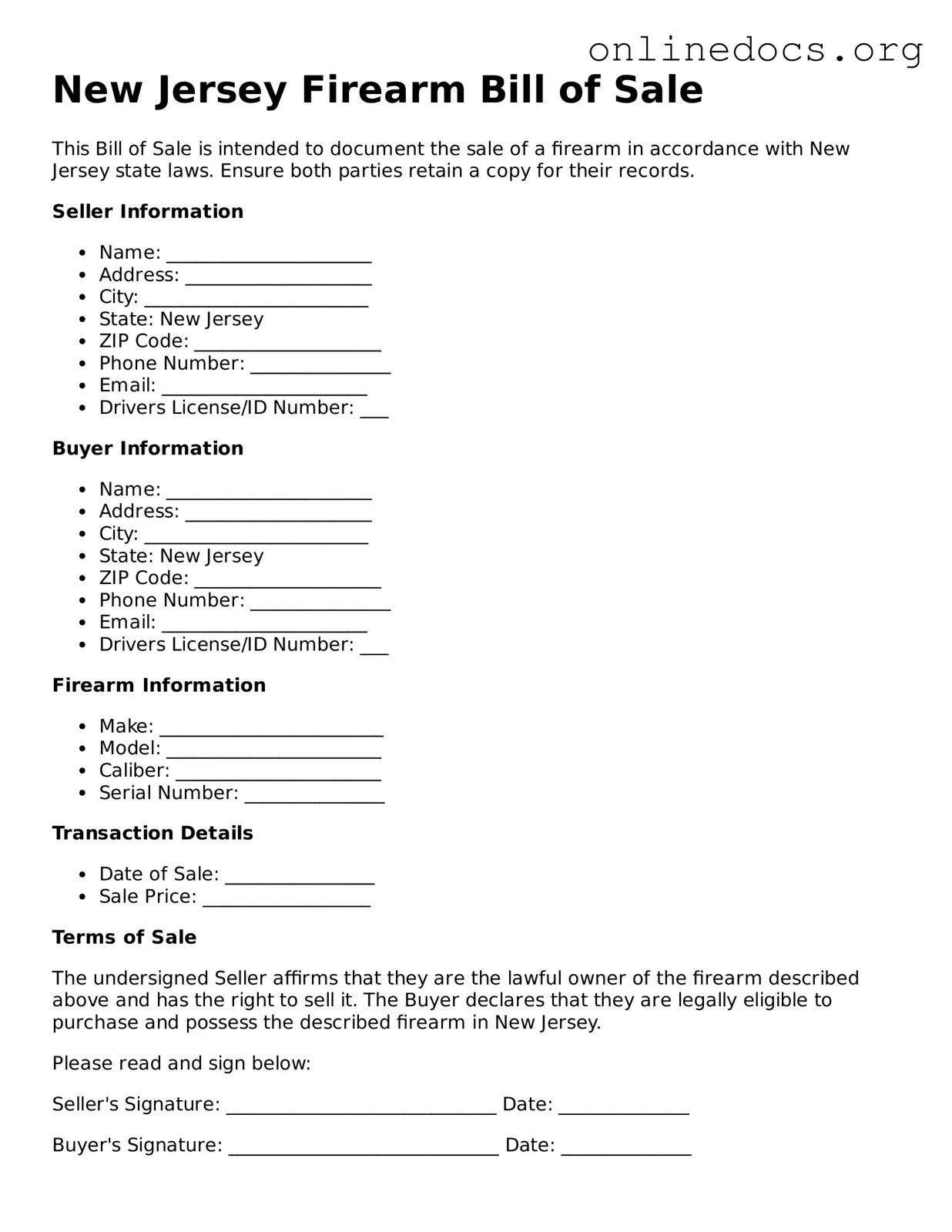 Fillable  Firearm Bill of Sale Form for New Jersey