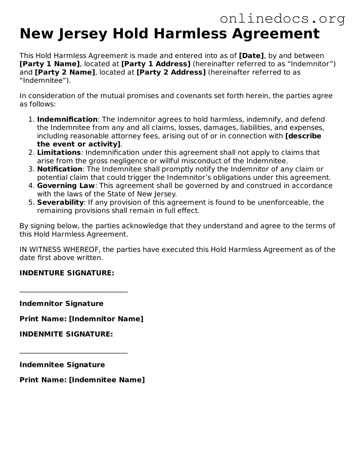 Fillable  Hold Harmless Agreement Form for New Jersey