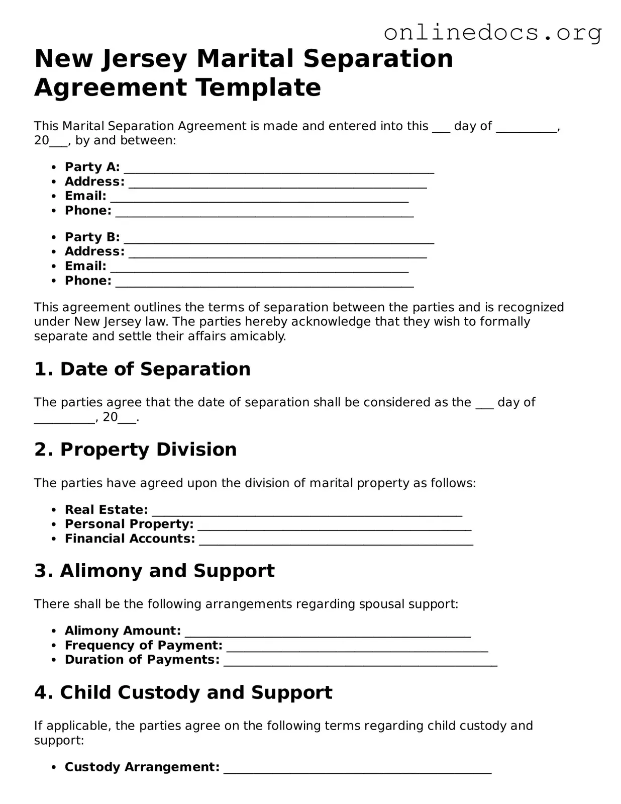 Fillable  Marital Separation Agreement Form for New Jersey