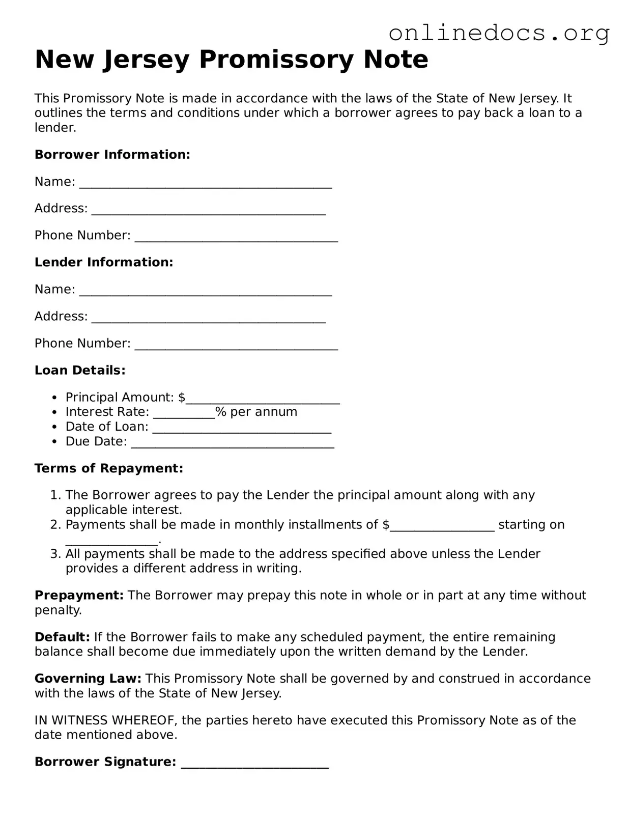 Fillable  Promissory Note Form for New Jersey