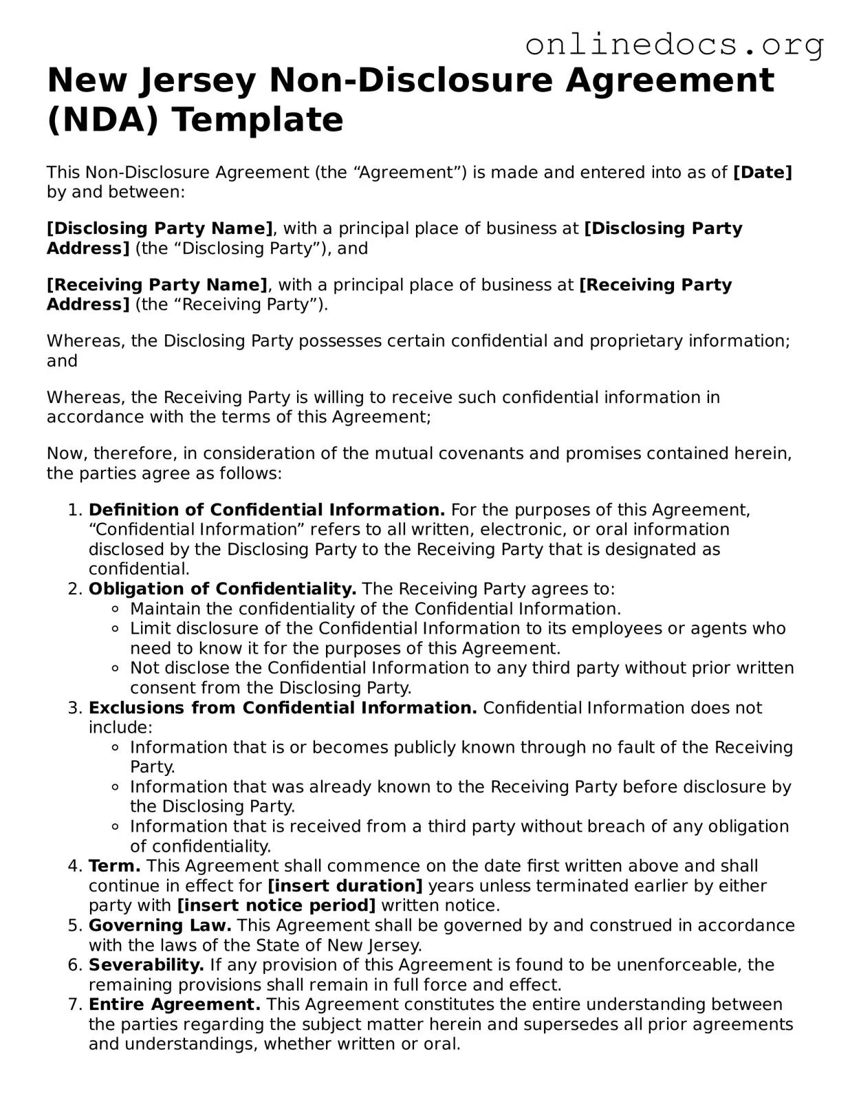 Fillable  Non-disclosure Agreement Form for New Jersey