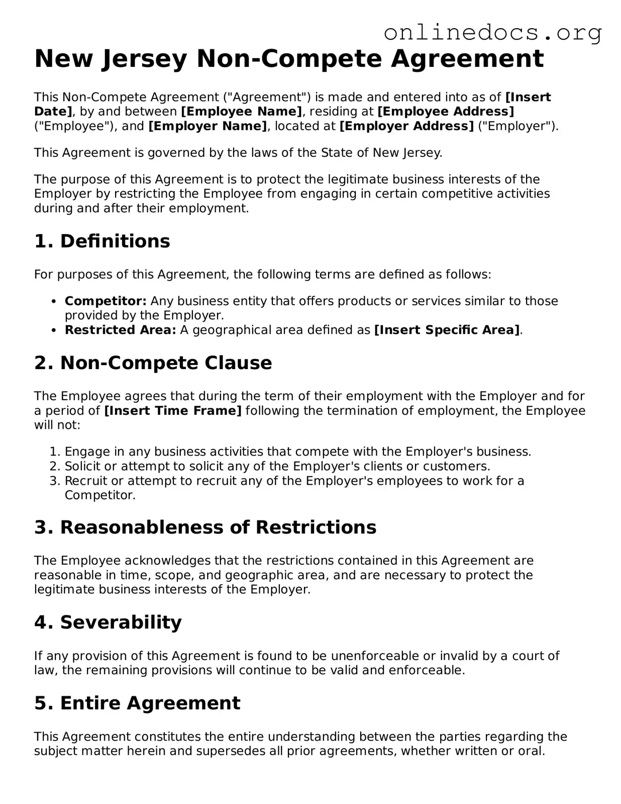 Fillable  Non-compete Agreement Form for New Jersey