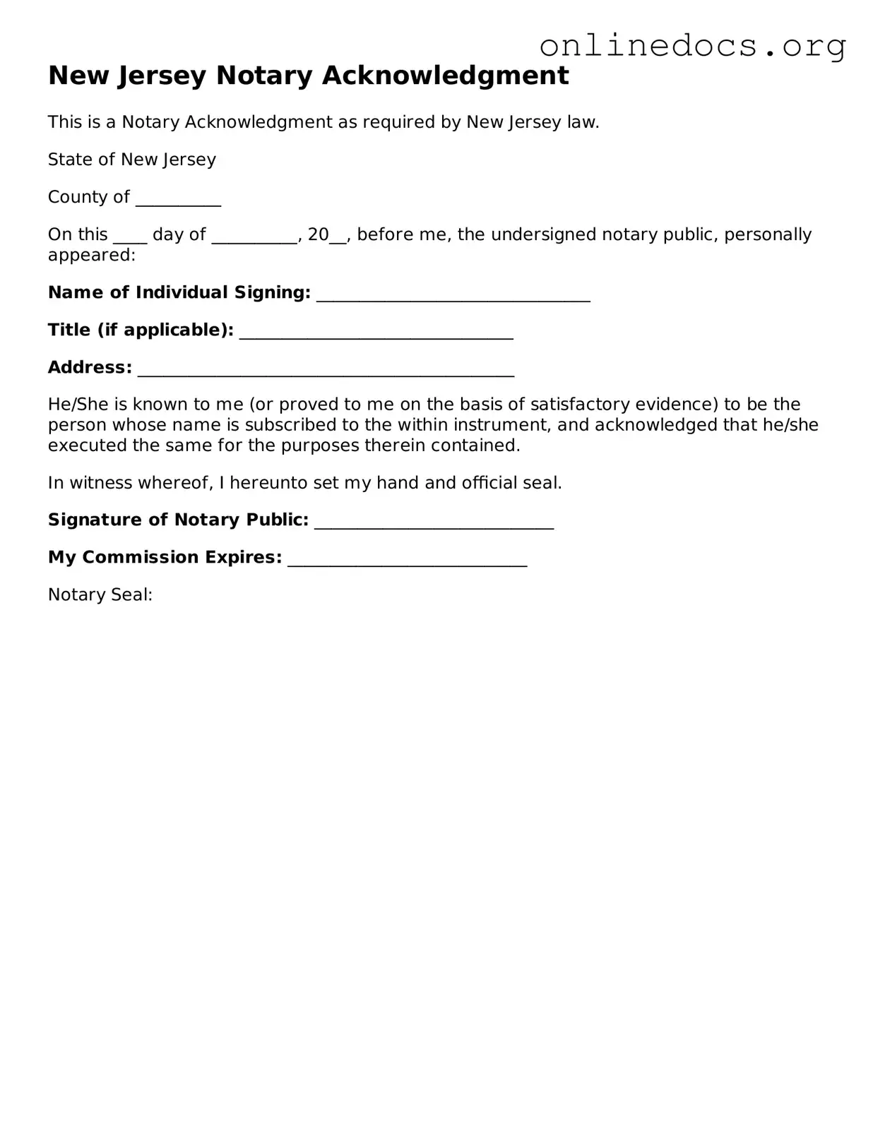 Fillable  Notary Acknowledgement Form for New Jersey