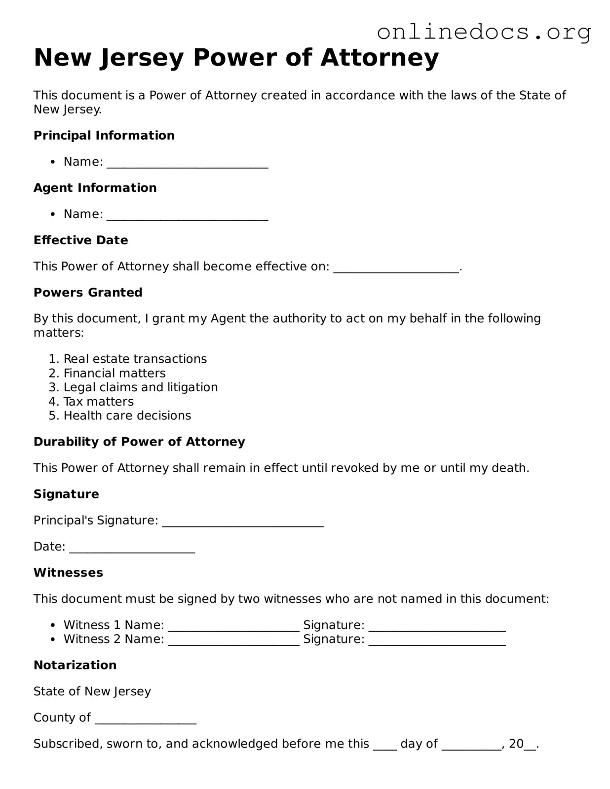 Fillable  Power of Attorney Form for New Jersey