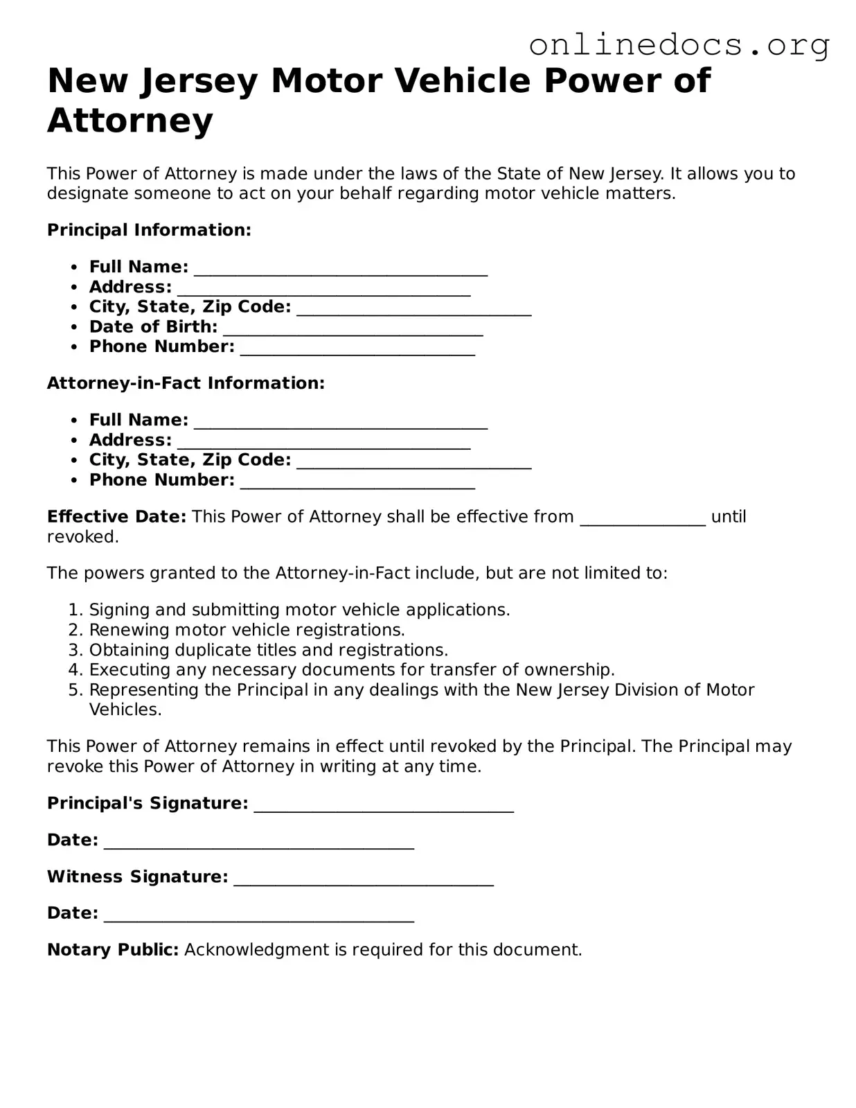 Fillable  Motor Vehicle Power of Attorney Form for New Jersey