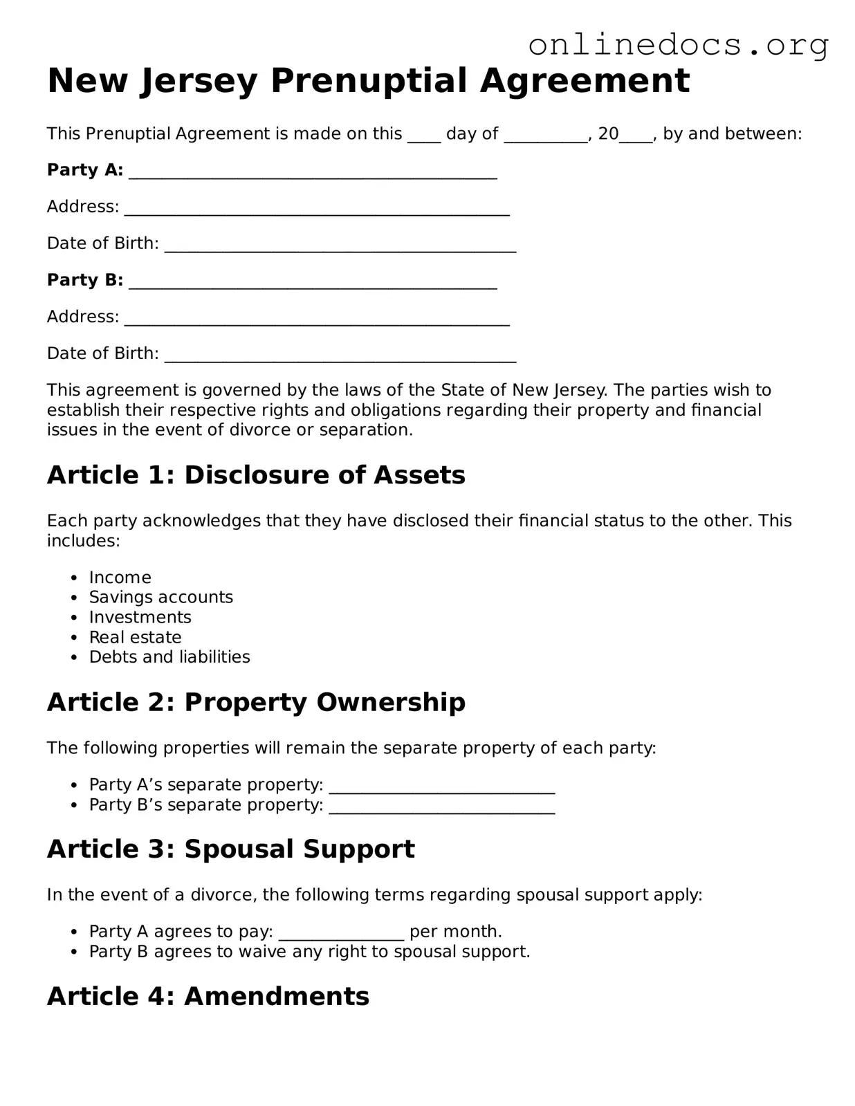 Fillable  Prenuptial Agreement Form for New Jersey