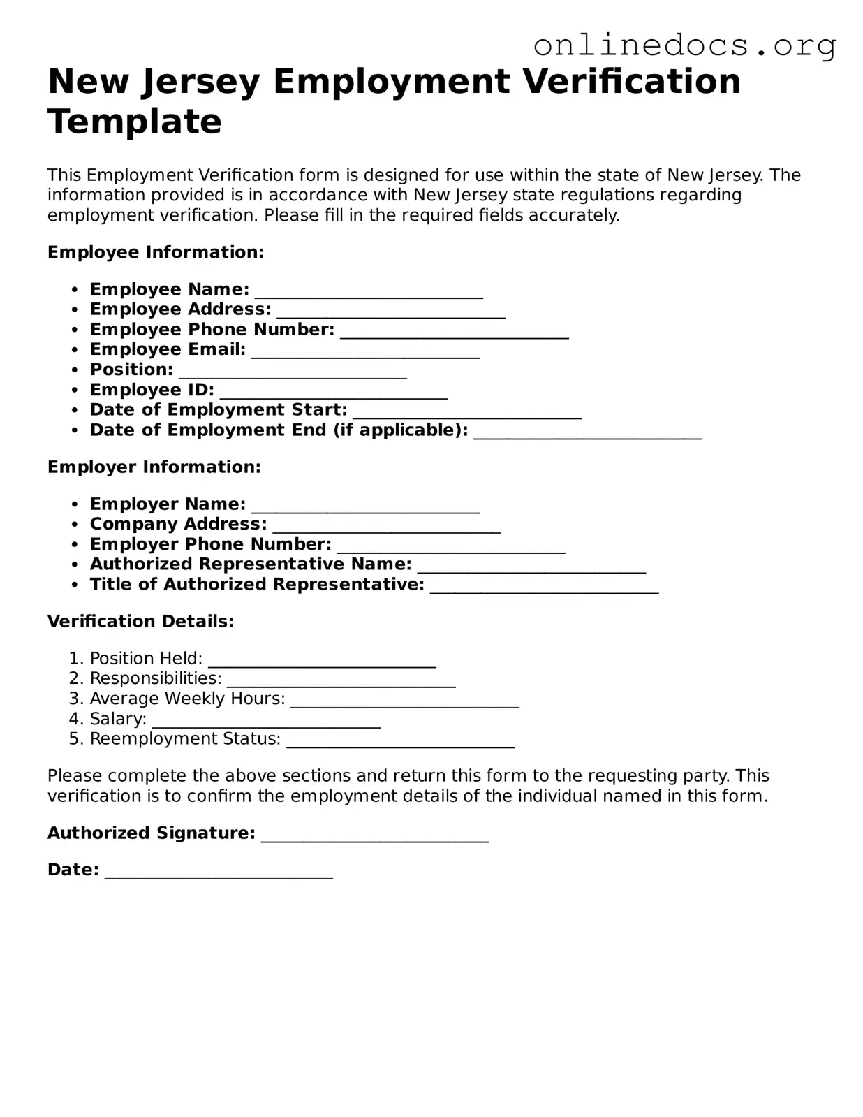 Fillable  Employment Verification Form for New Jersey