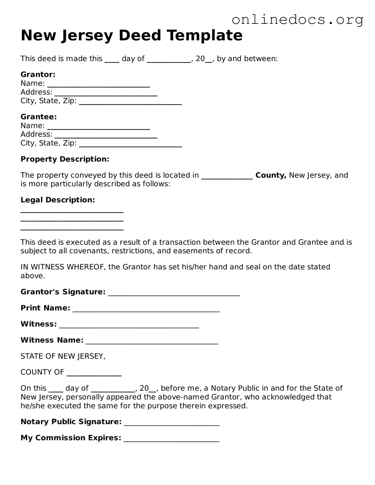 Fillable  Deed Form for New Jersey
