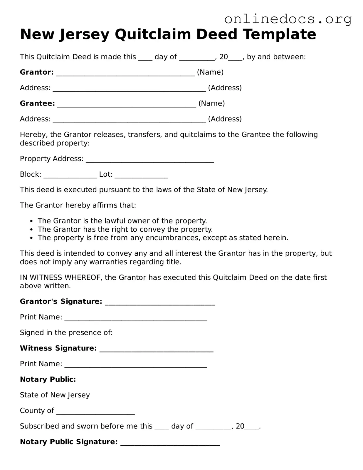 Fillable  Quitclaim Deed Form for New Jersey