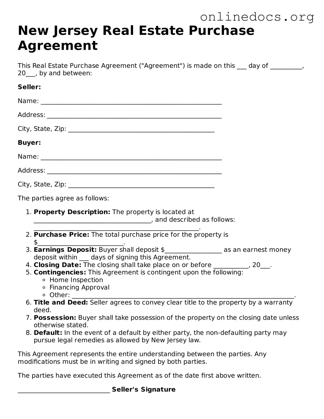 Fillable  Real Estate Purchase Agreement Form for New Jersey