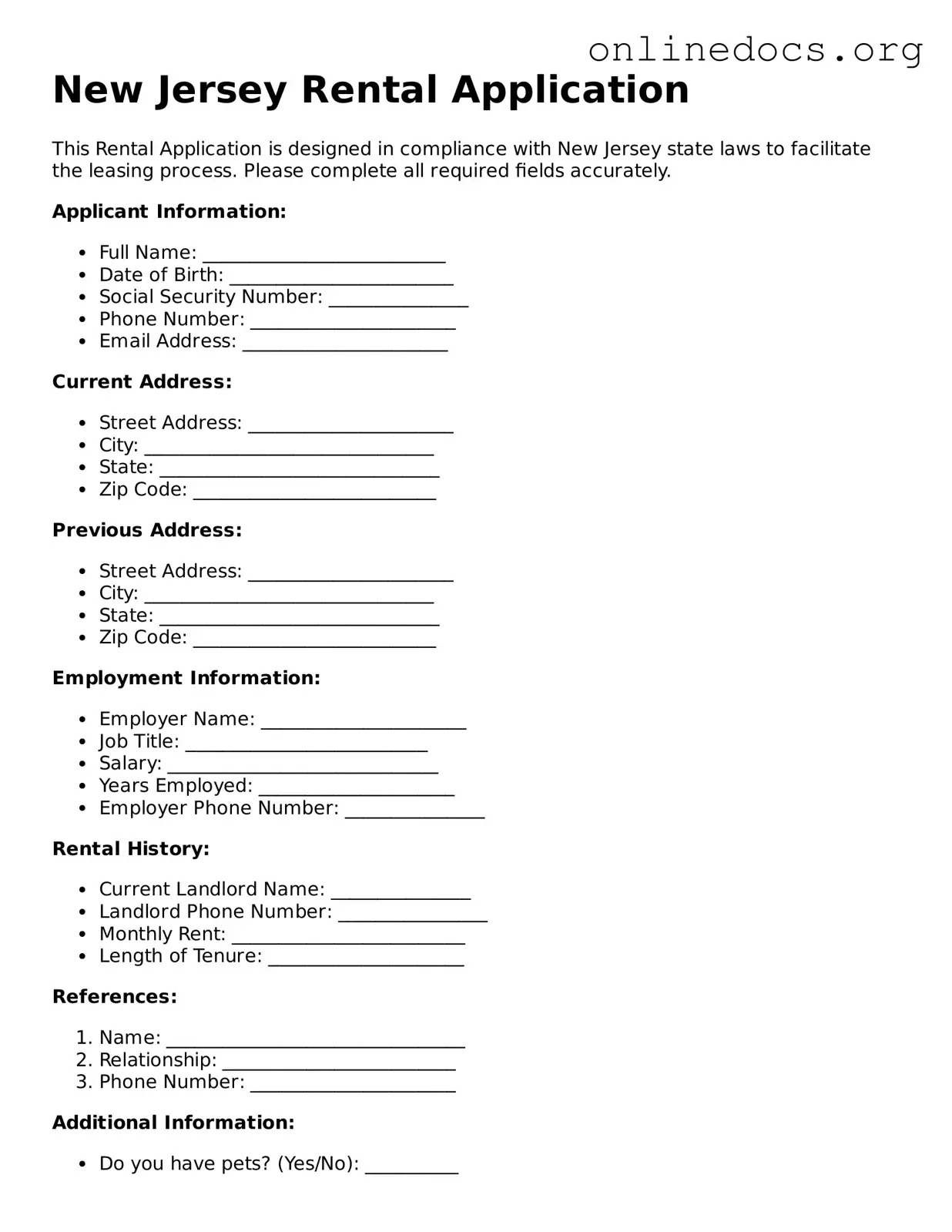 Fillable  Rental Application Form for New Jersey