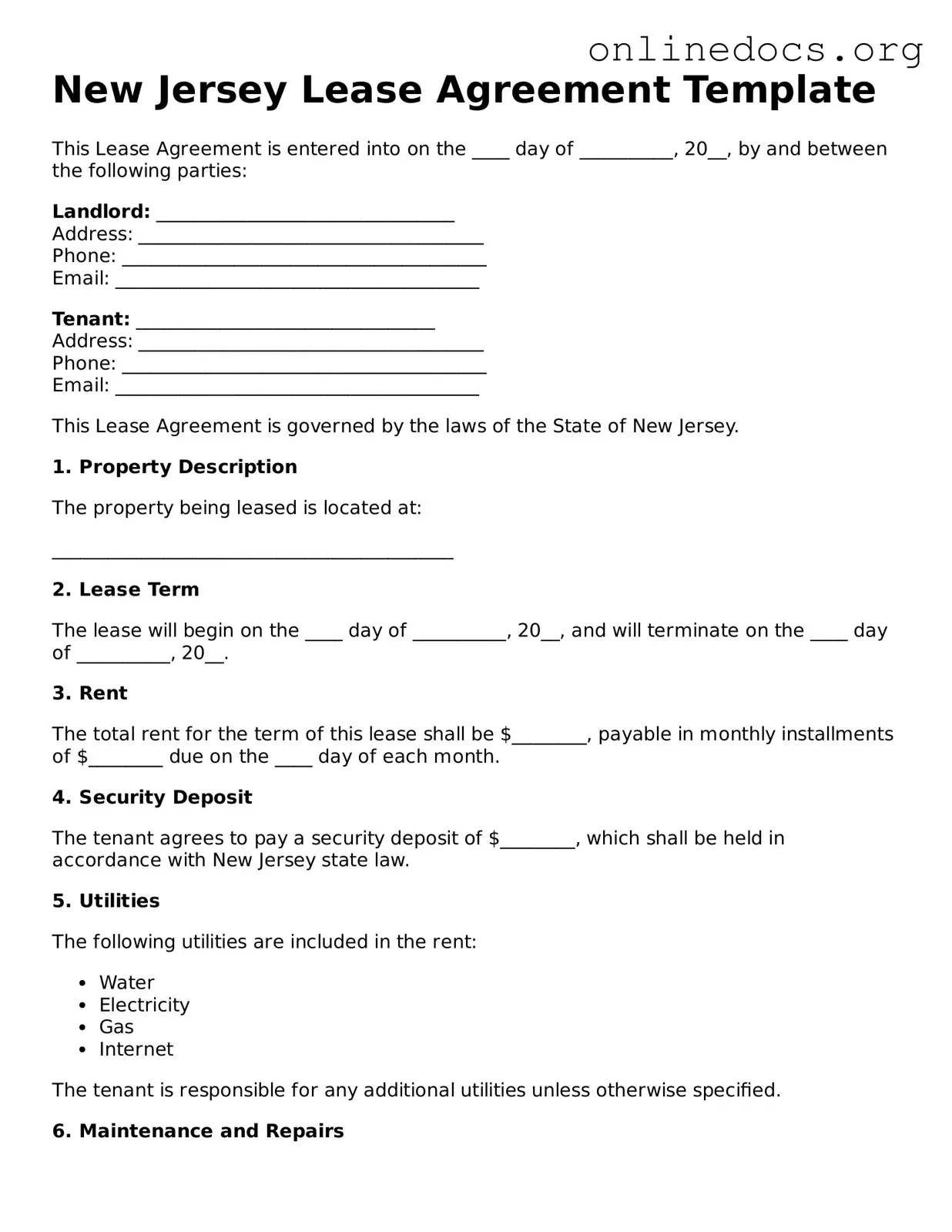 Fillable  Lease Agreement Form for New Jersey