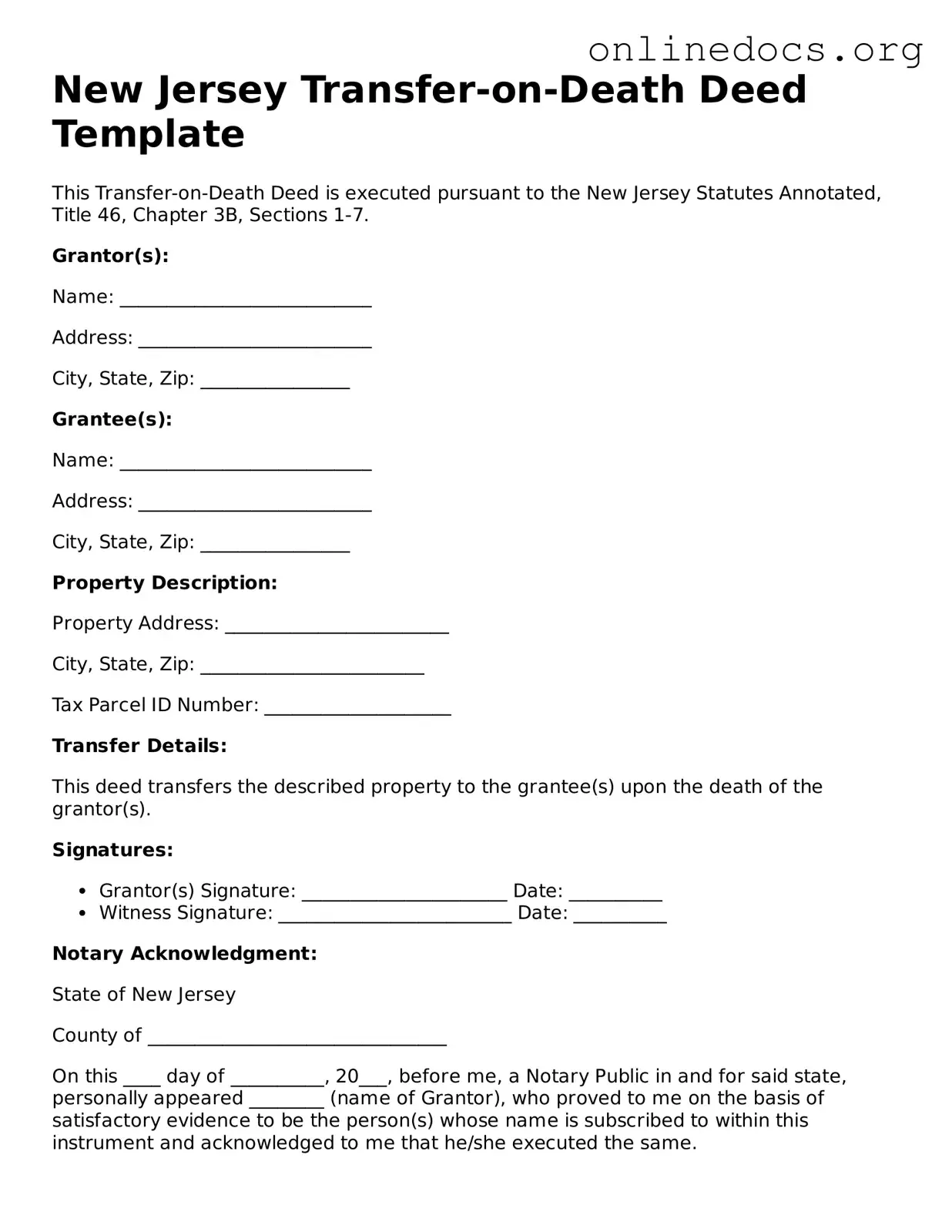 Fillable  Transfer-on-Death Deed Form for New Jersey