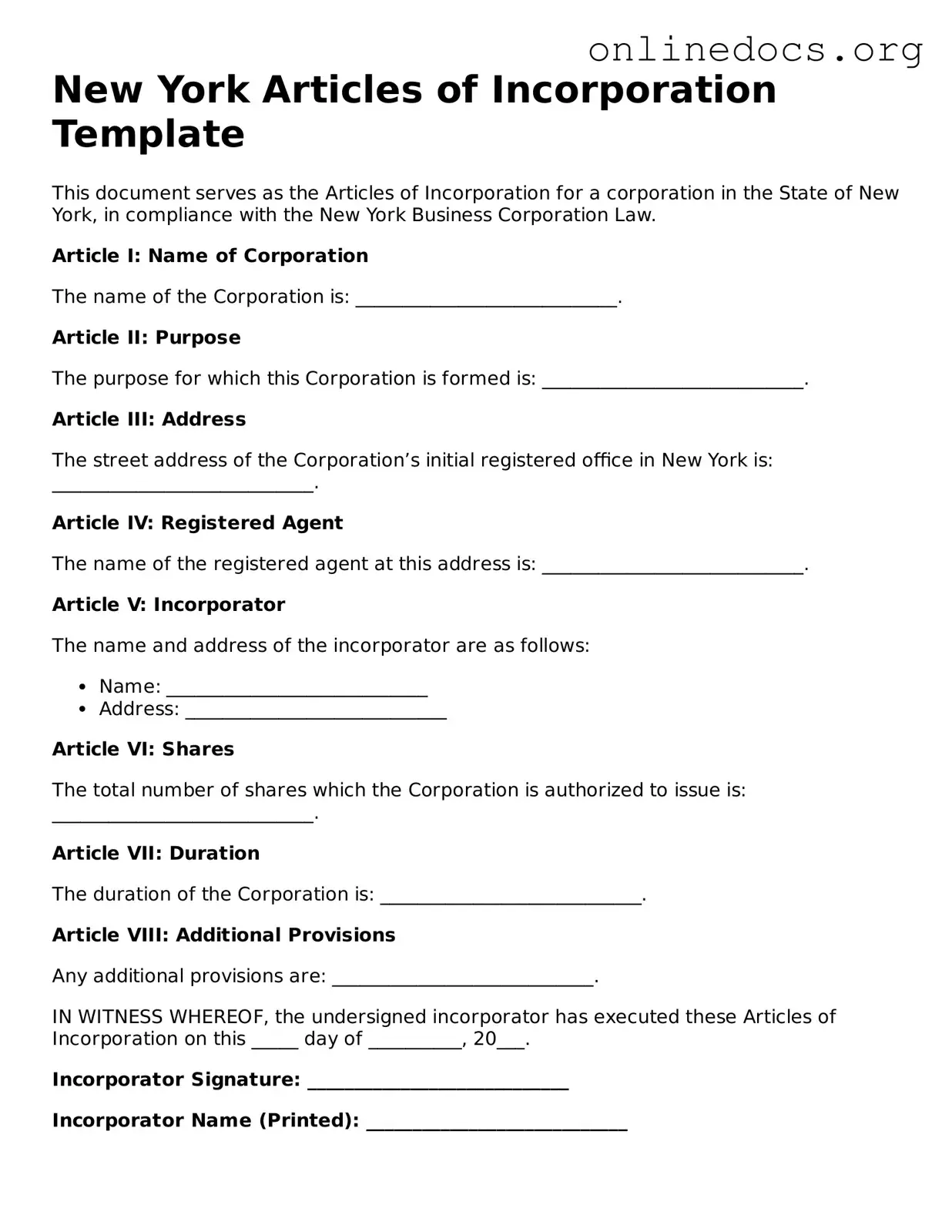 Fillable  Articles of Incorporation Form for New York