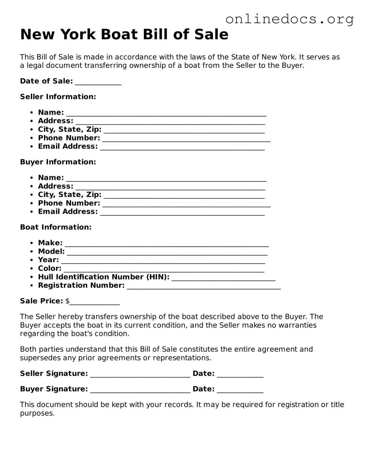 Fillable  Boat Bill of Sale Form for New York