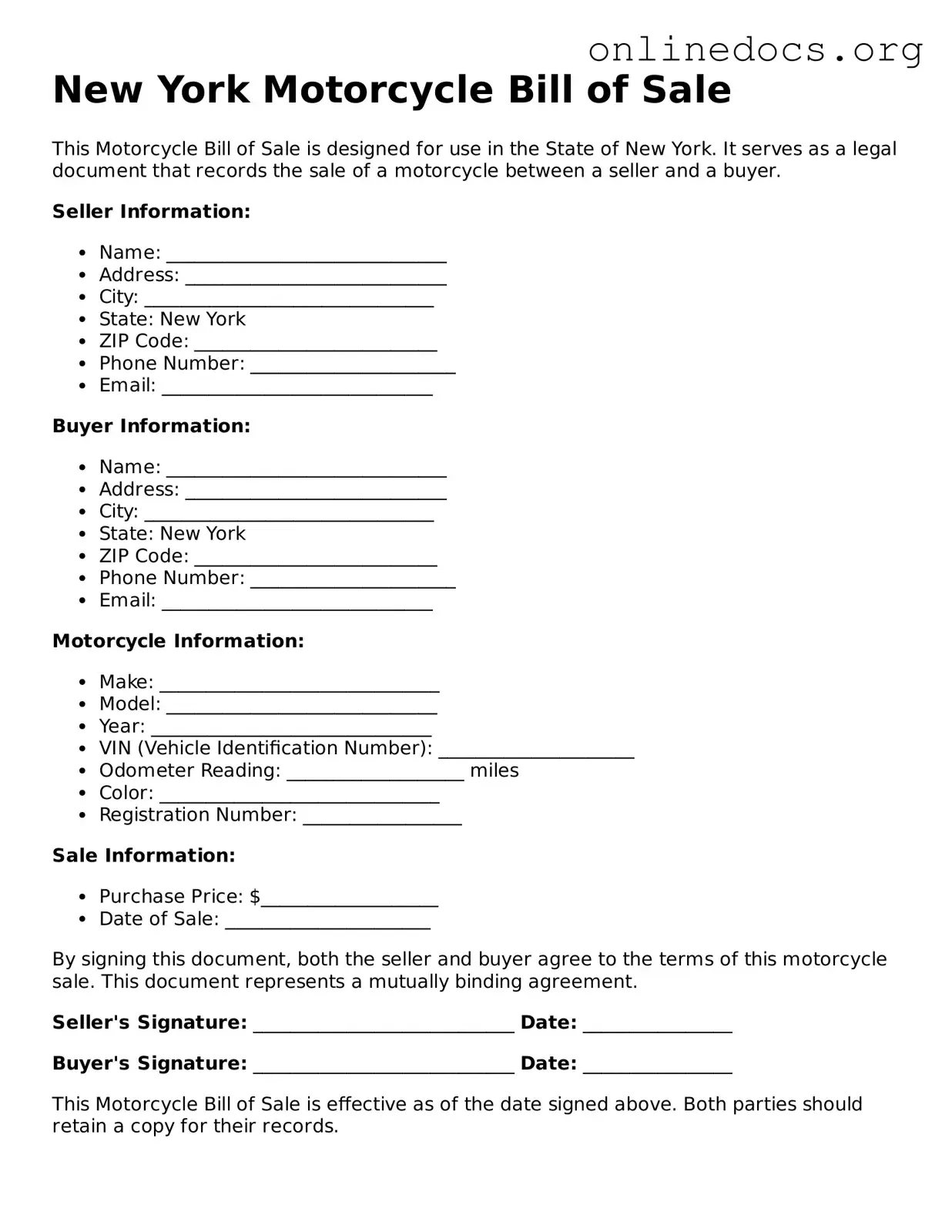Fillable  Motorcycle Bill of Sale Form for New York