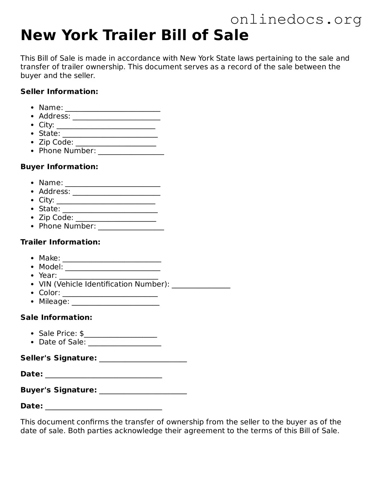 Fillable  Trailer Bill of Sale Form for New York