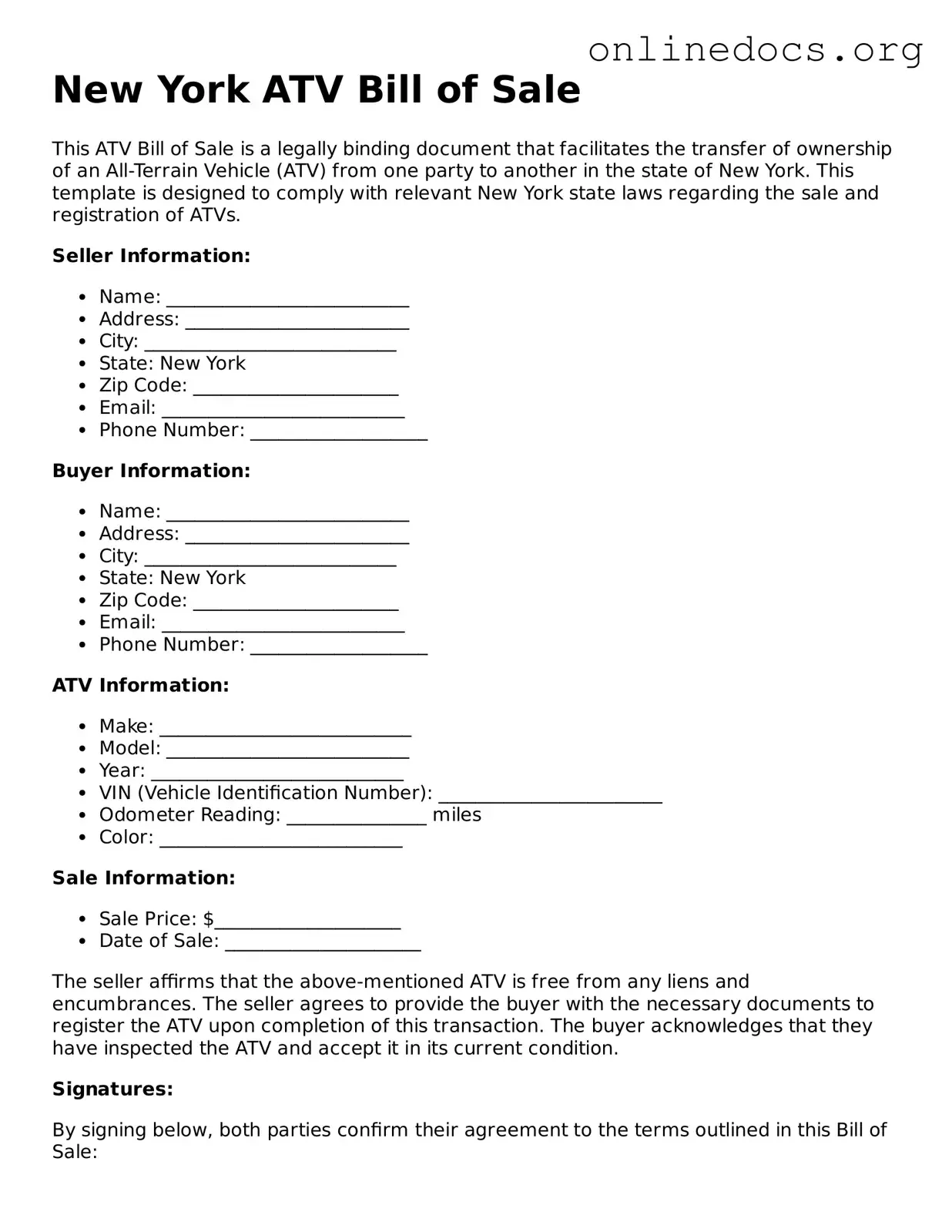 Fillable  ATV Bill of Sale Form for New York