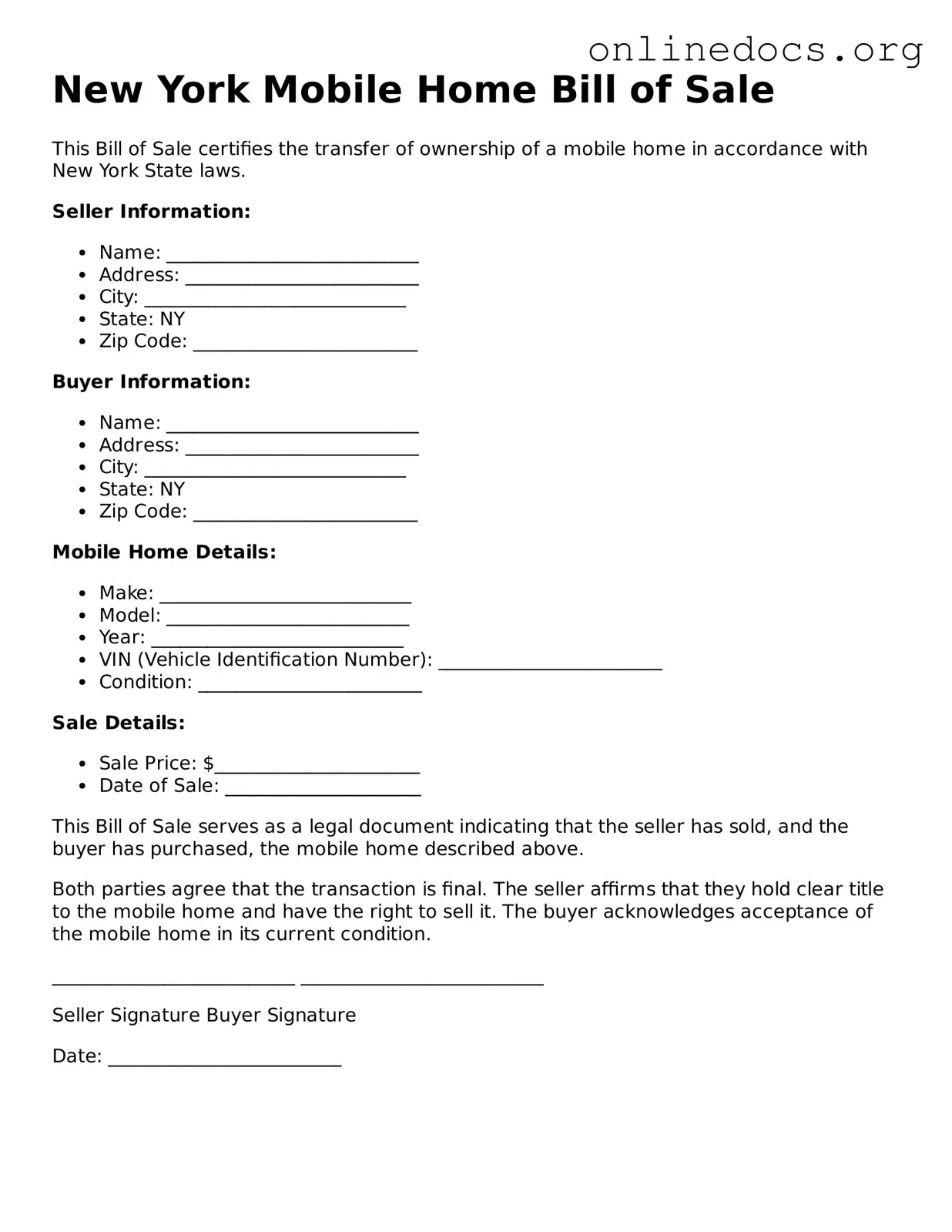 Fillable  Mobile Home Bill of Sale Form for New York