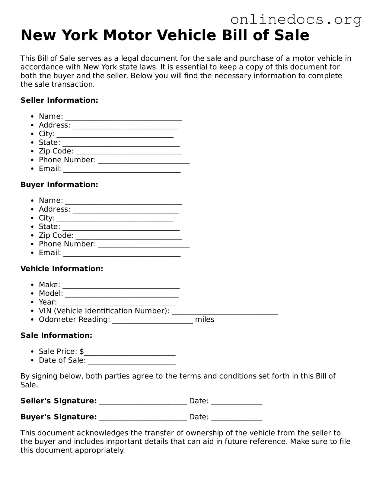 Fillable  Motor Vehicle Bill of Sale Form for New York
