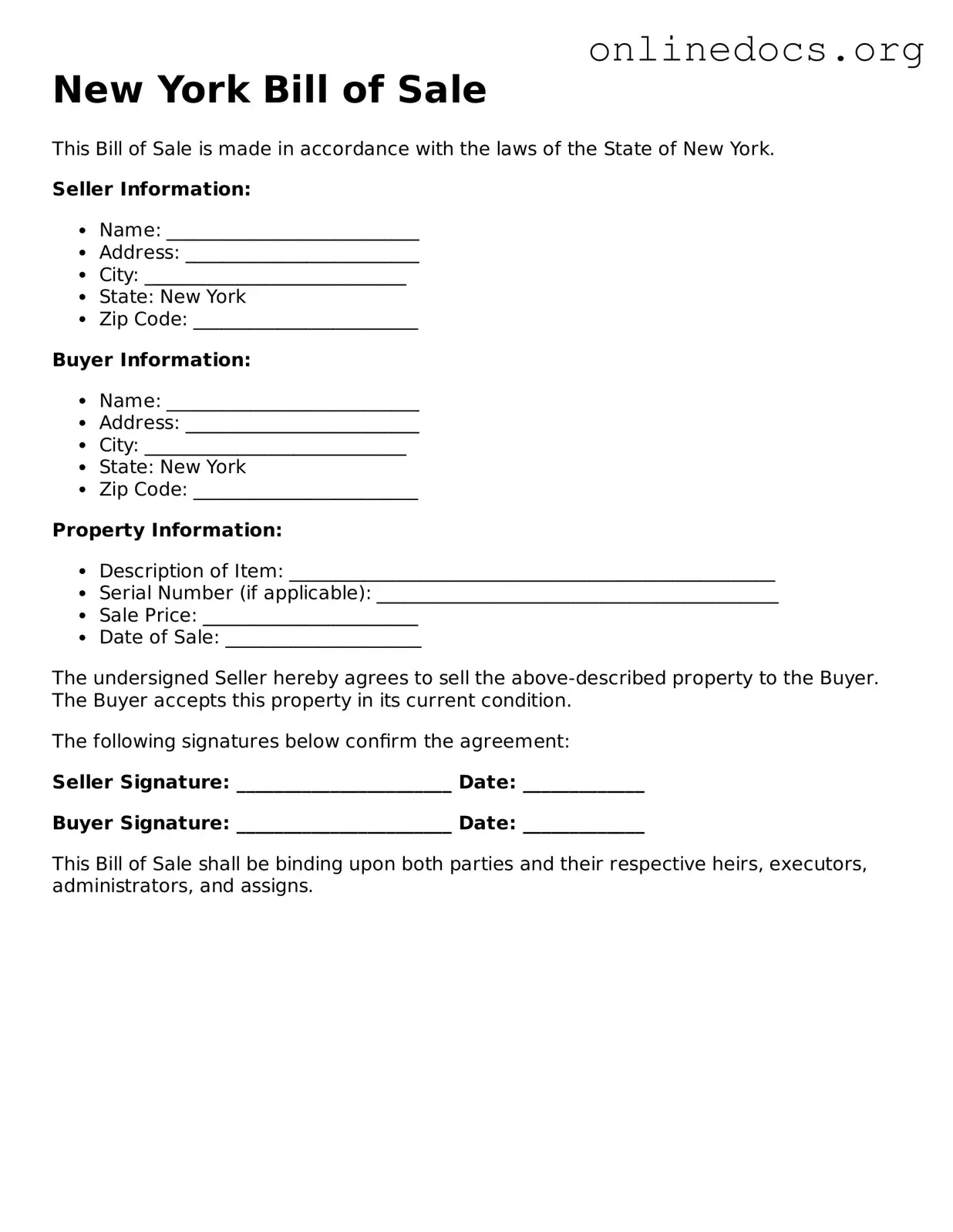 Fillable  Bill of Sale Form for New York