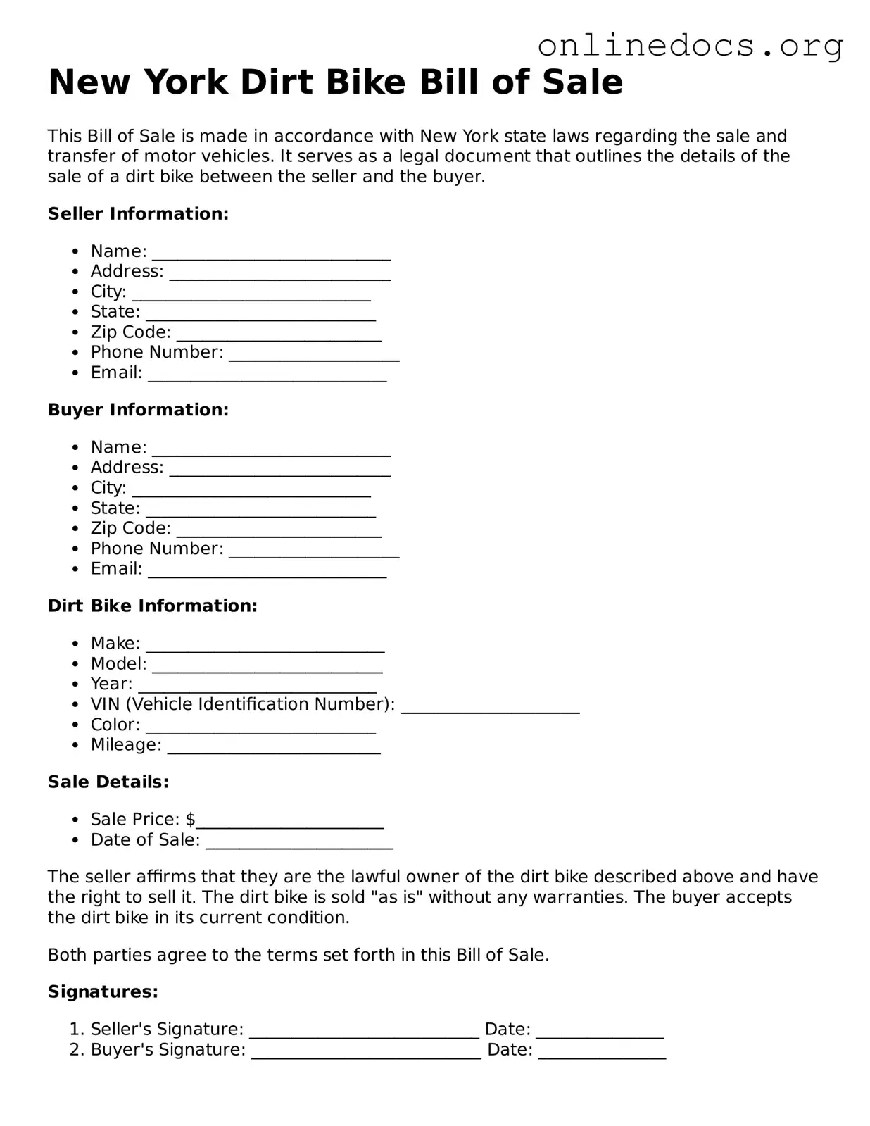 Fillable  Dirt Bike Bill of Sale Form for New York