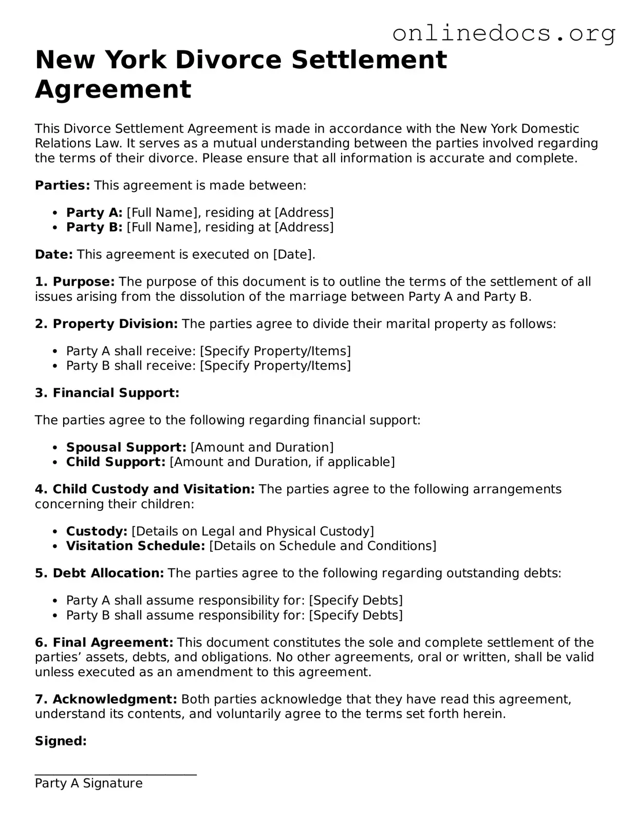 Fillable  Divorce Settlement Agreement Form for New York