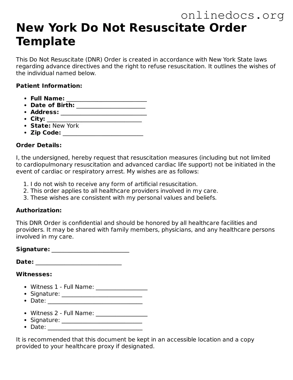 Fillable  Do Not Resuscitate Order Form for New York
