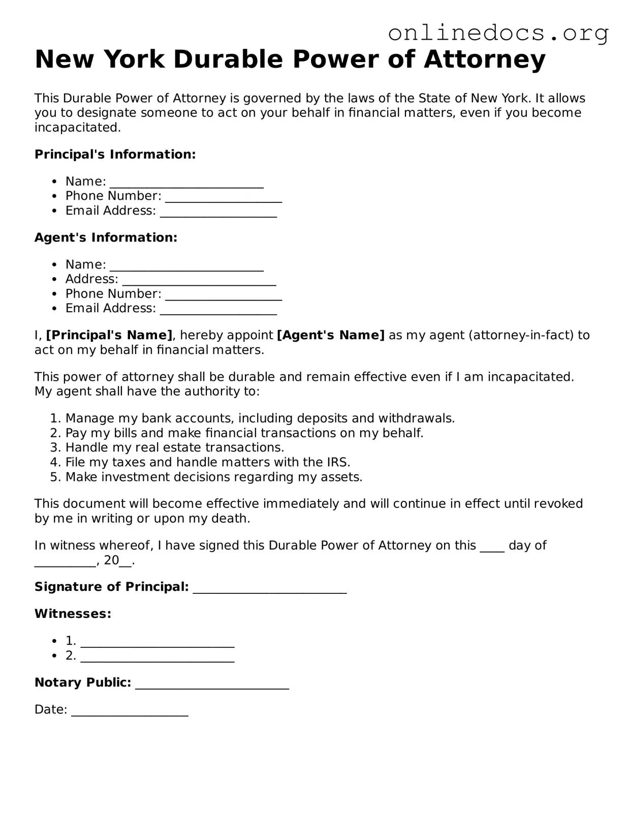 Fillable  Durable Power of Attorney Form for New York