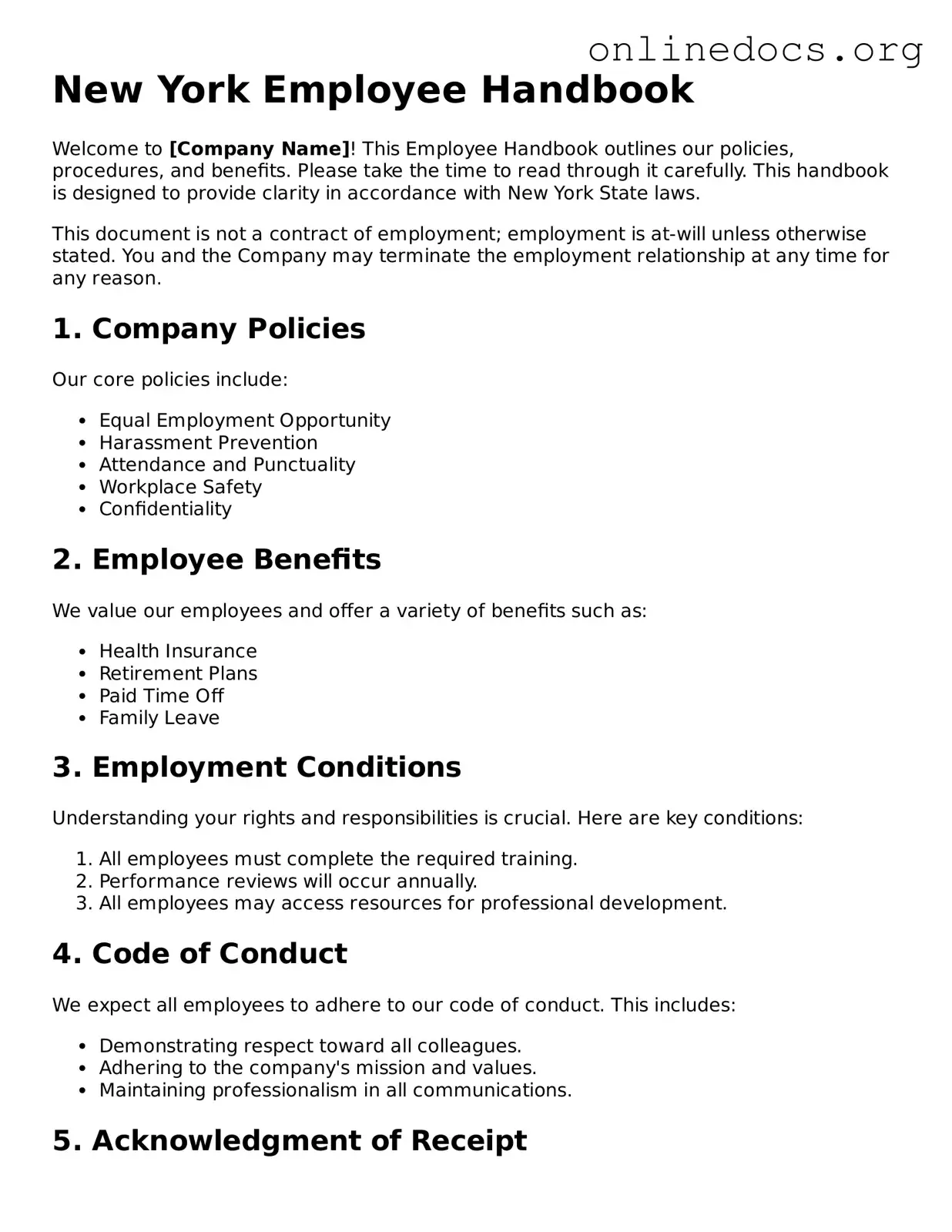 Fillable  Employee Handbook Form for New York