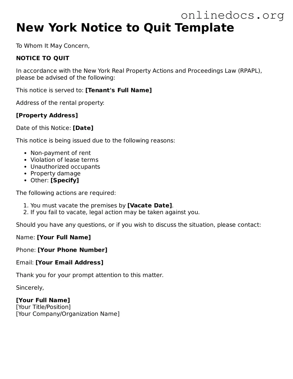 Fillable  Notice to Quit Form for New York
