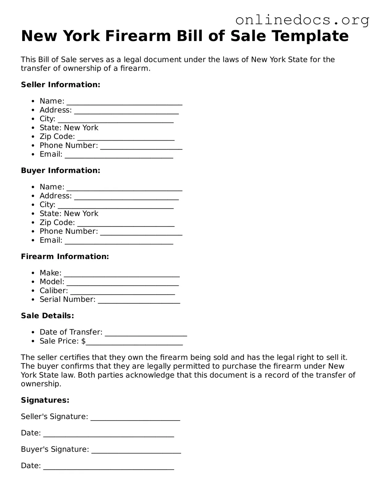 Fillable  Firearm Bill of Sale Form for New York