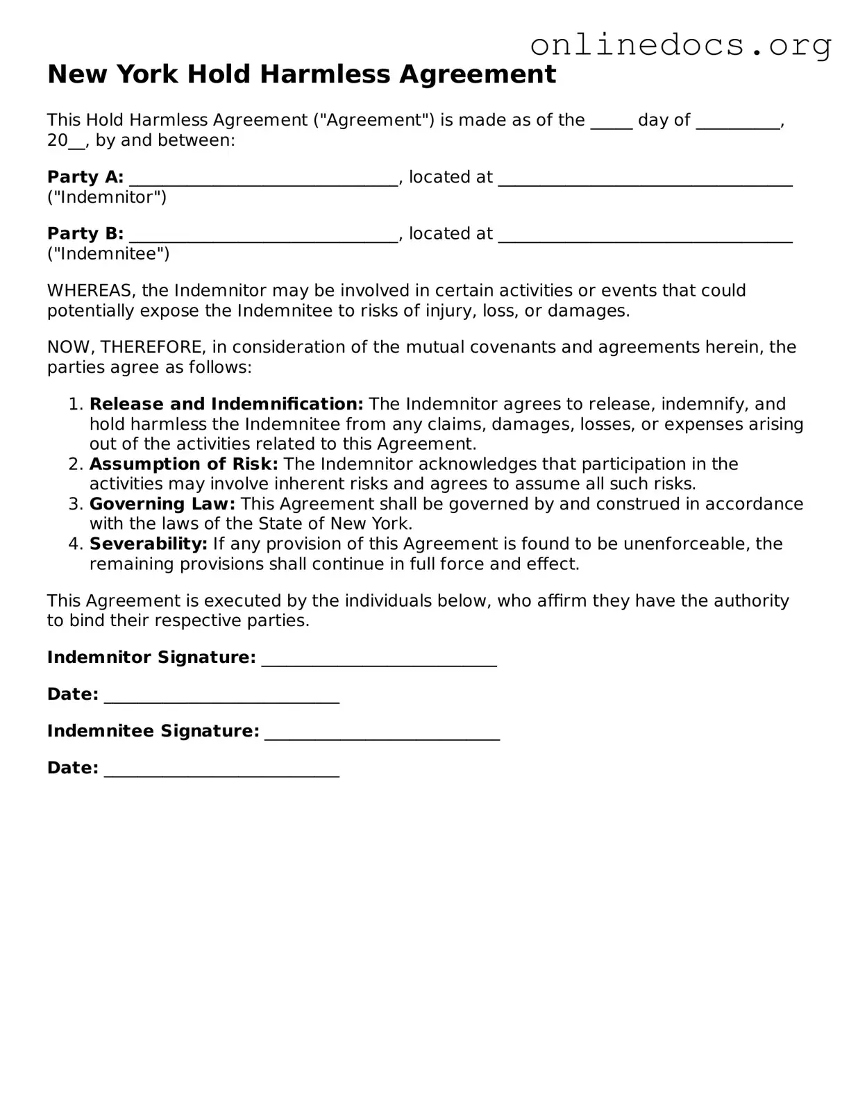 Fillable  Hold Harmless Agreement Form for New York