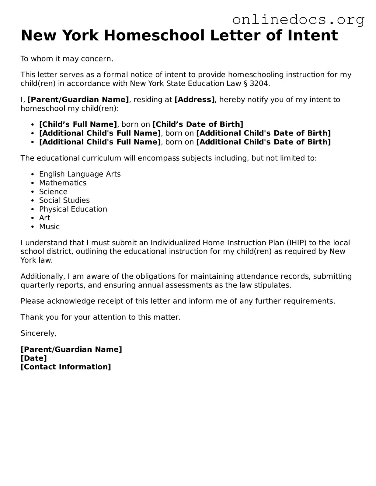 Fillable  Homeschool Letter of Intent Form for New York