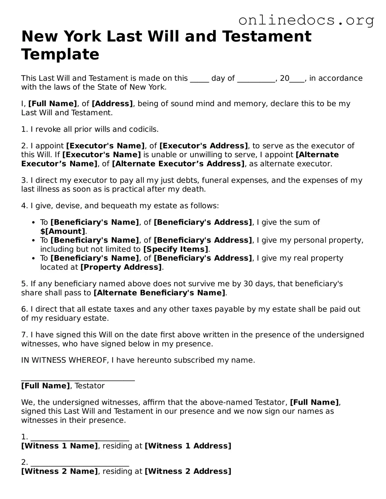 Fillable  Last Will and Testament Form for New York